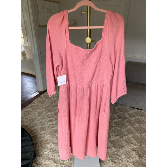 Beachlunchlounge Smocked Midi Dress Square Neck Pink Cottagecore XL Cotton Gauz - Picture 2 of 10